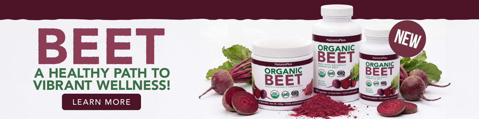 Banner showcasing NaturesPlus Organic Beet supplements with fresh beet imagery and a “NEW” product badge.