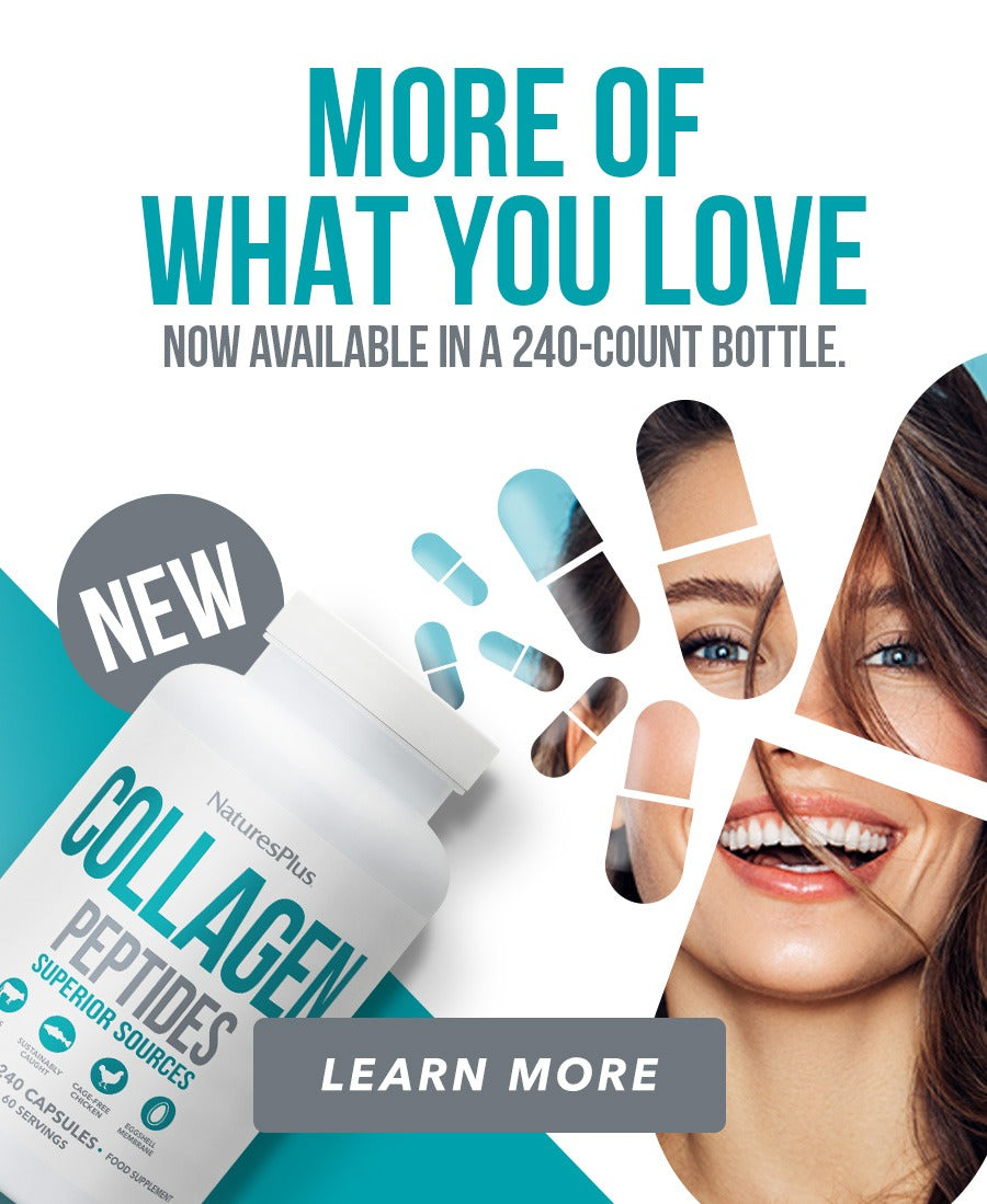 Advertisement for NaturesPlus Collagen Peptides with a woman's face and text about a 240-count bottle.